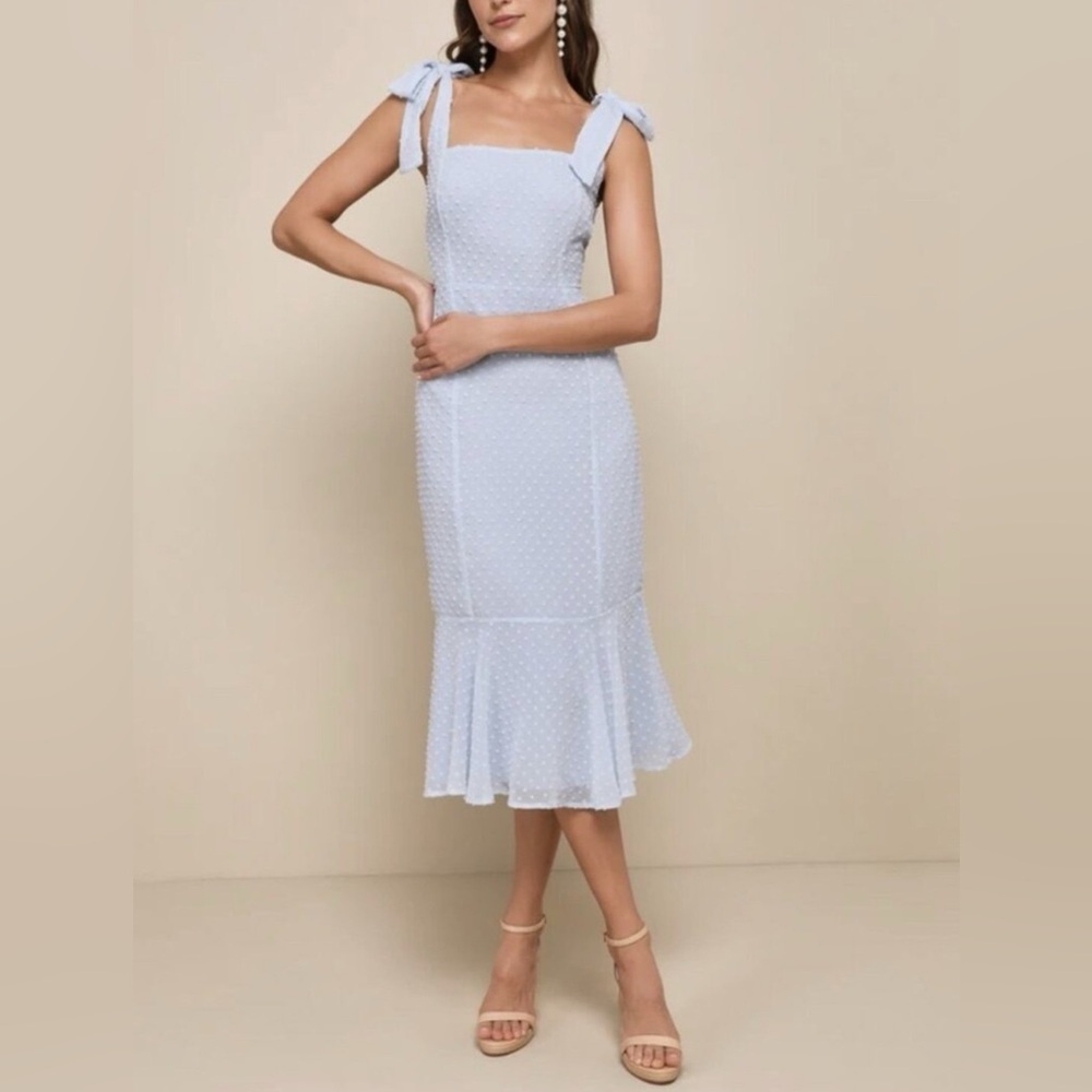 Lulu's Light Blue Swiss Dot Tie-Shoulder Midi Dress